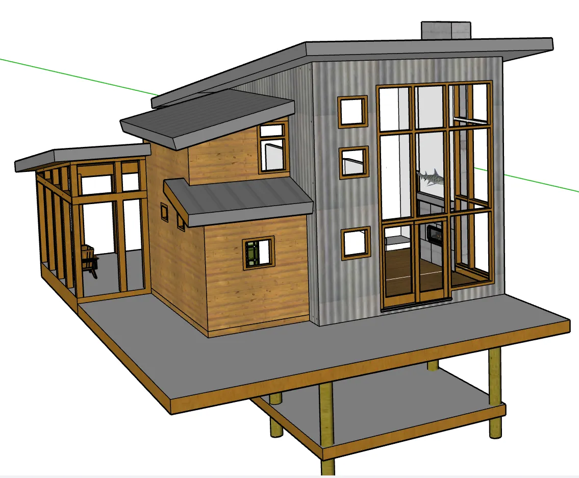 Modern cabin-style concept with expansive glazing and elevated deck.