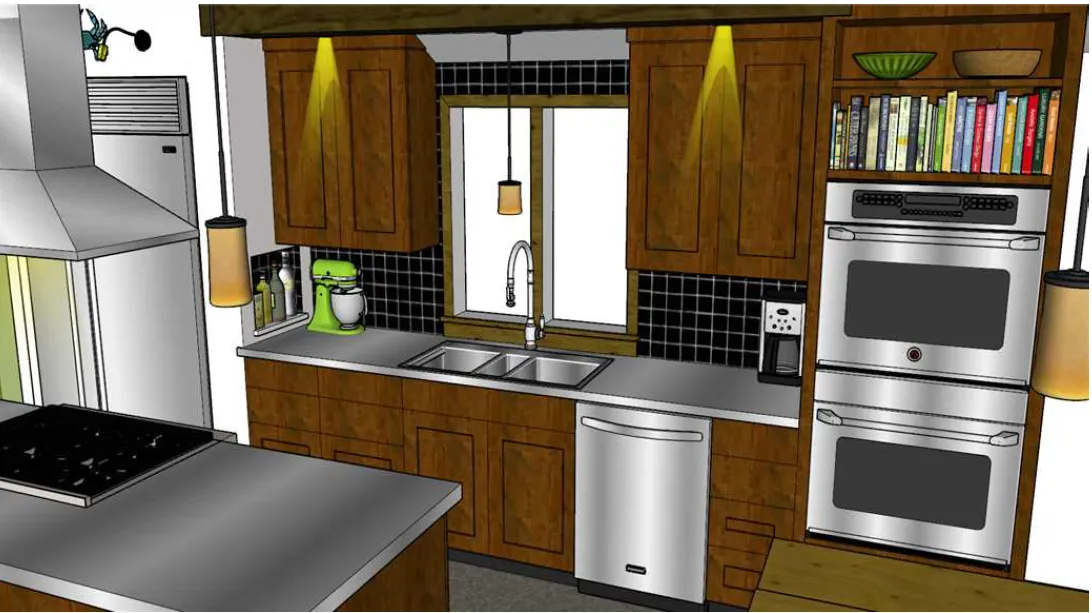 Kitchen rendering with warm cabinetry, metal finishes, and task lighting.
