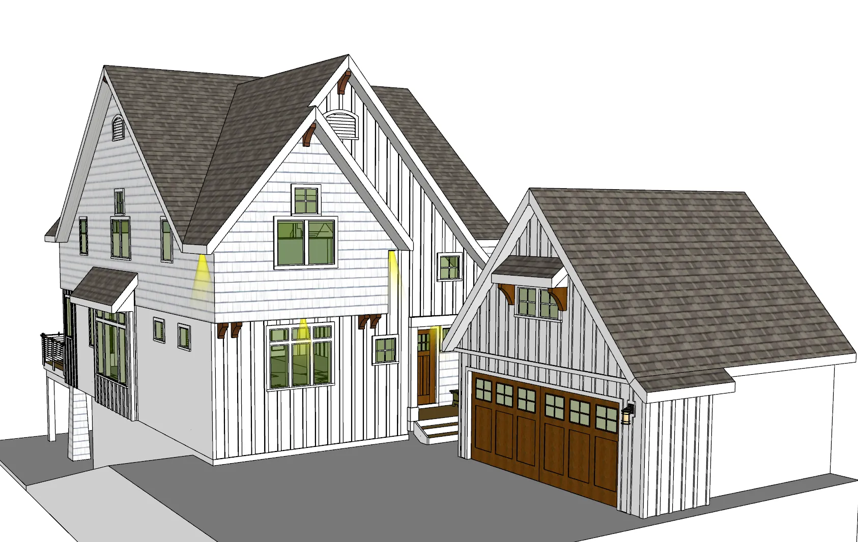 Lake home concept with articulated rooflines and attached garage.