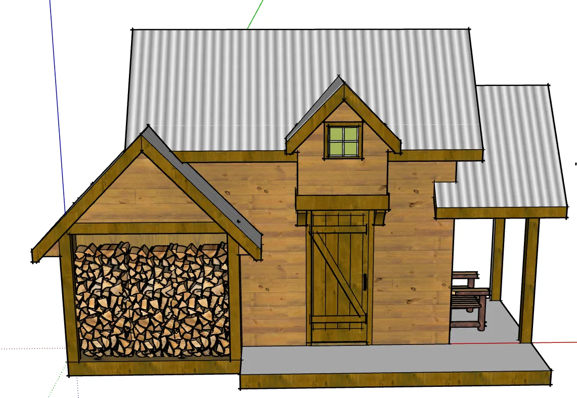 Sauna outbuilding concept with wood cladding and covered side entry.